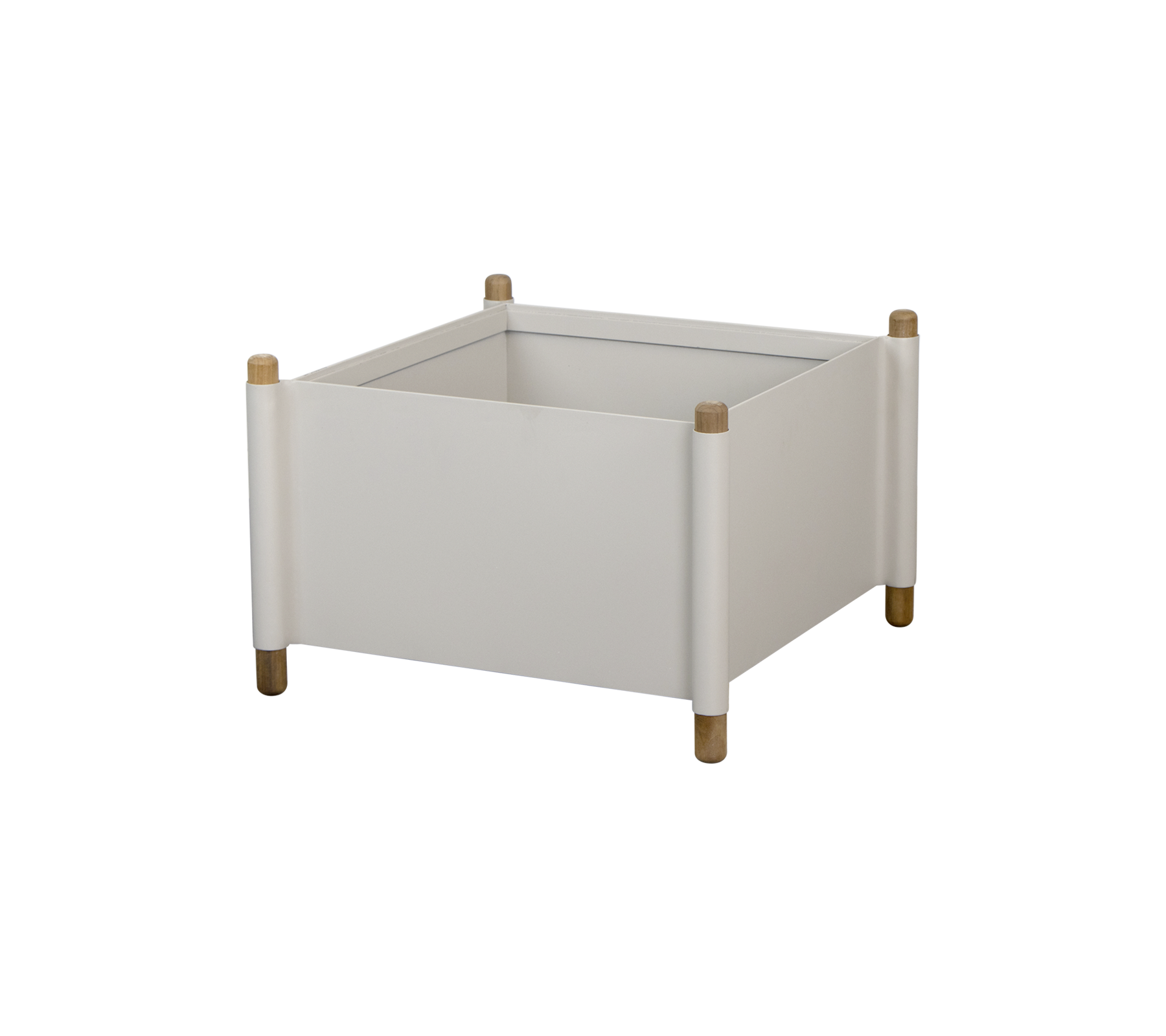Boîte de rangement carrée blanche avec des pieds en bois et des coins arrondis, adaptée pour organiser divers objets.