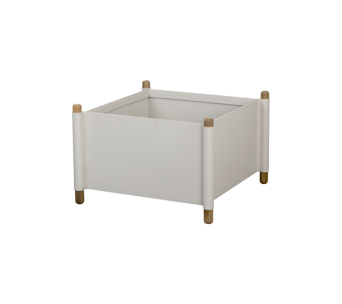 Boîte de rangement carrée blanche avec des pieds en bois et des coins arrondis, adaptée pour organiser divers objets.