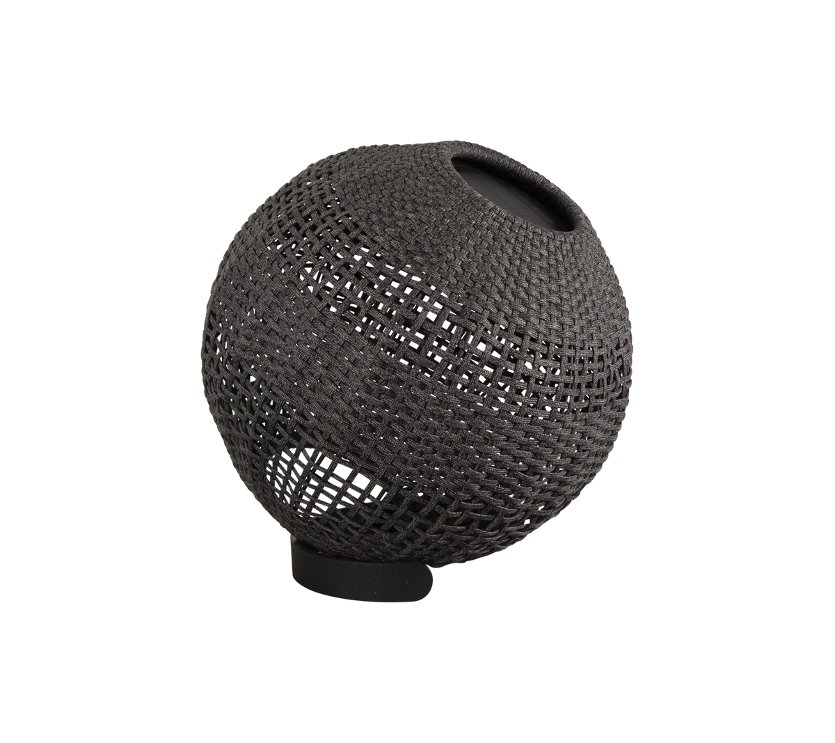 Lampe sphérique décorative avec une texture tissée et un design minimaliste, dotée d'une source lumineuse subtile pour un éclairage d'ambiance.
