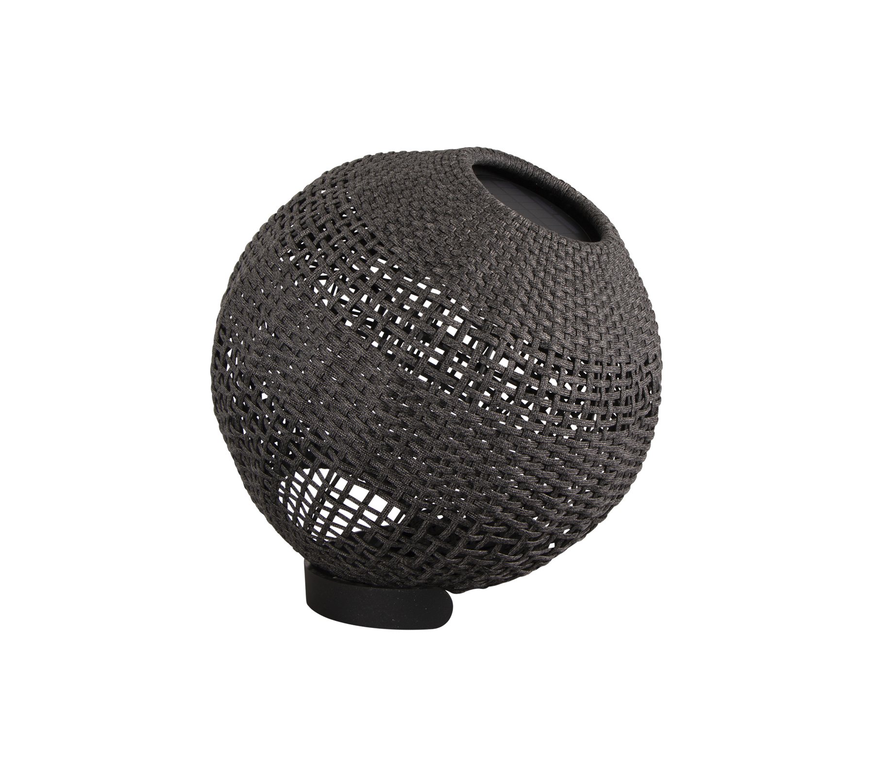 Lampe sphérique décorative avec une texture tissée et un design minimaliste, dotée d'une source lumineuse subtile pour un éclairage d'ambiance.