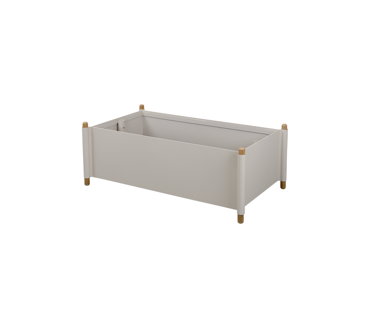 Boîte de rangement gris clair avec des pieds en bois et un design minimaliste, adaptée à l'organisation de divers objets.