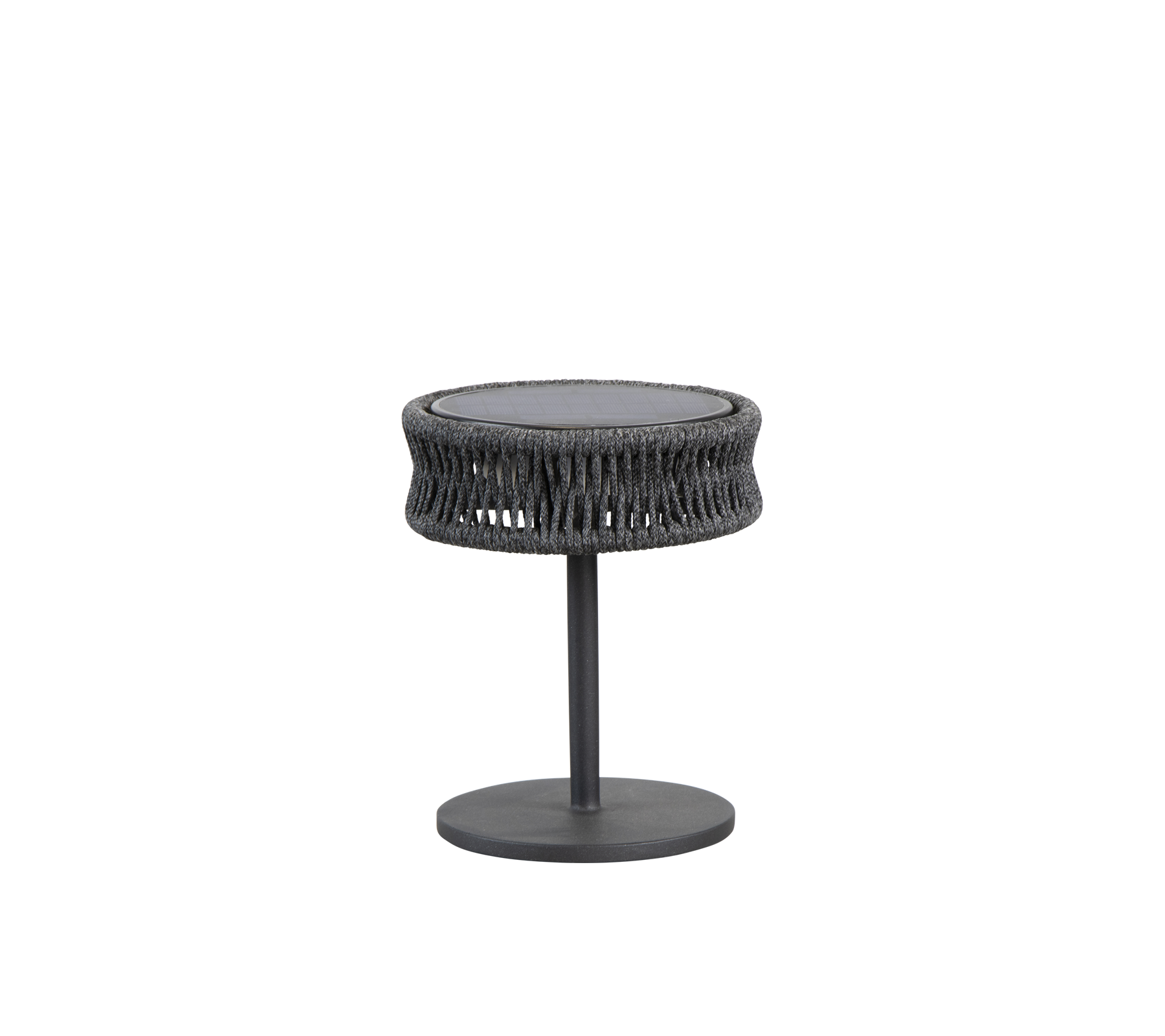 Table d'appoint ronde avec un design tissé texturé et une base en métal épurée, idéale pour ajouter du style à n'importe quel espace.