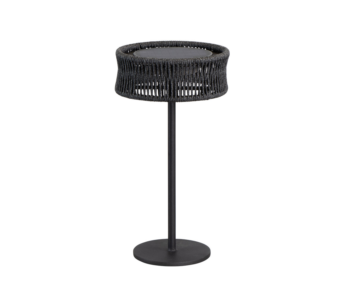 Une table moderne et élégante avec un plateau rond et une texture tissée, soutenue par une simple base en métal noir.