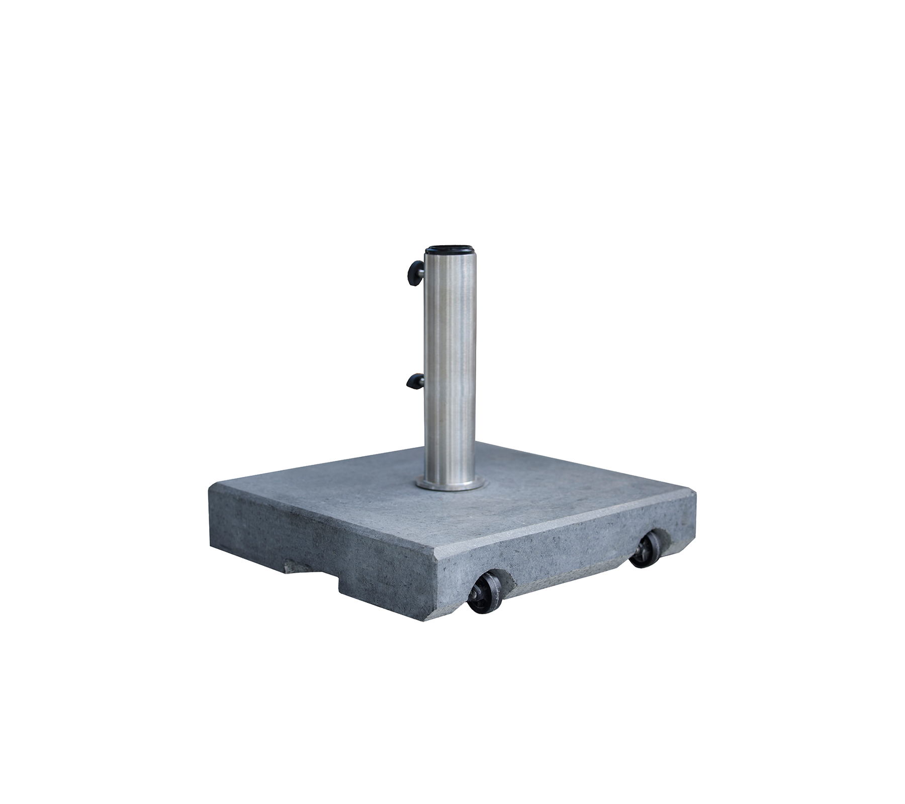 Une base robuste et carrée avec un poteau en acier inoxydable, équipée de roulettes pour un mouvement facile, conçue pour la stabilité et le soutien.