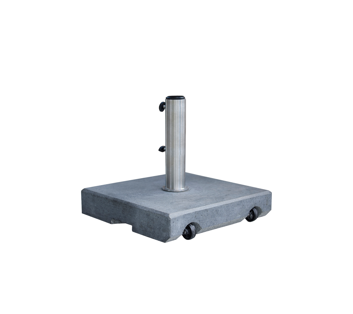 Une base robuste et carrée avec un poteau en acier inoxydable, équipée de roulettes pour un mouvement facile, conçue pour la stabilité et le soutien.