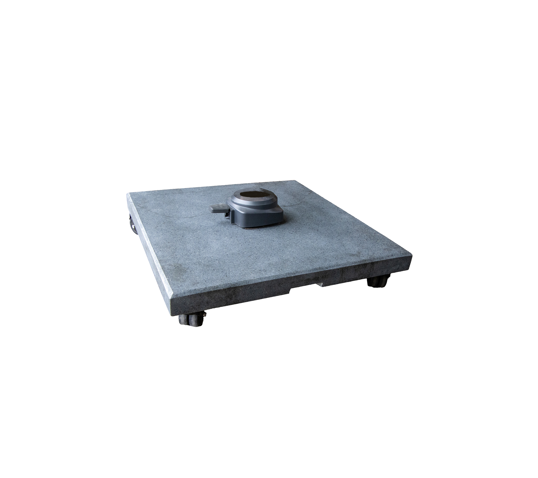 Une base en béton carrée avec un point d'attache central et des pieds réglables, conçue pour la stabilité et le support dans diverses applications.