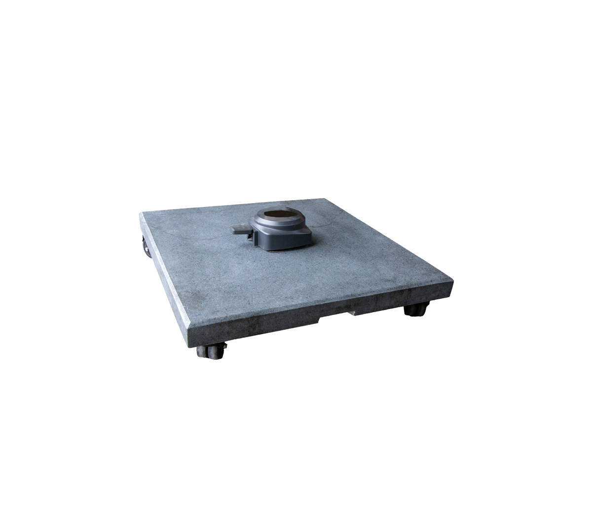 Une base en béton carrée avec un point d'attache central et des pieds réglables, conçue pour la stabilité et le support dans diverses applications.