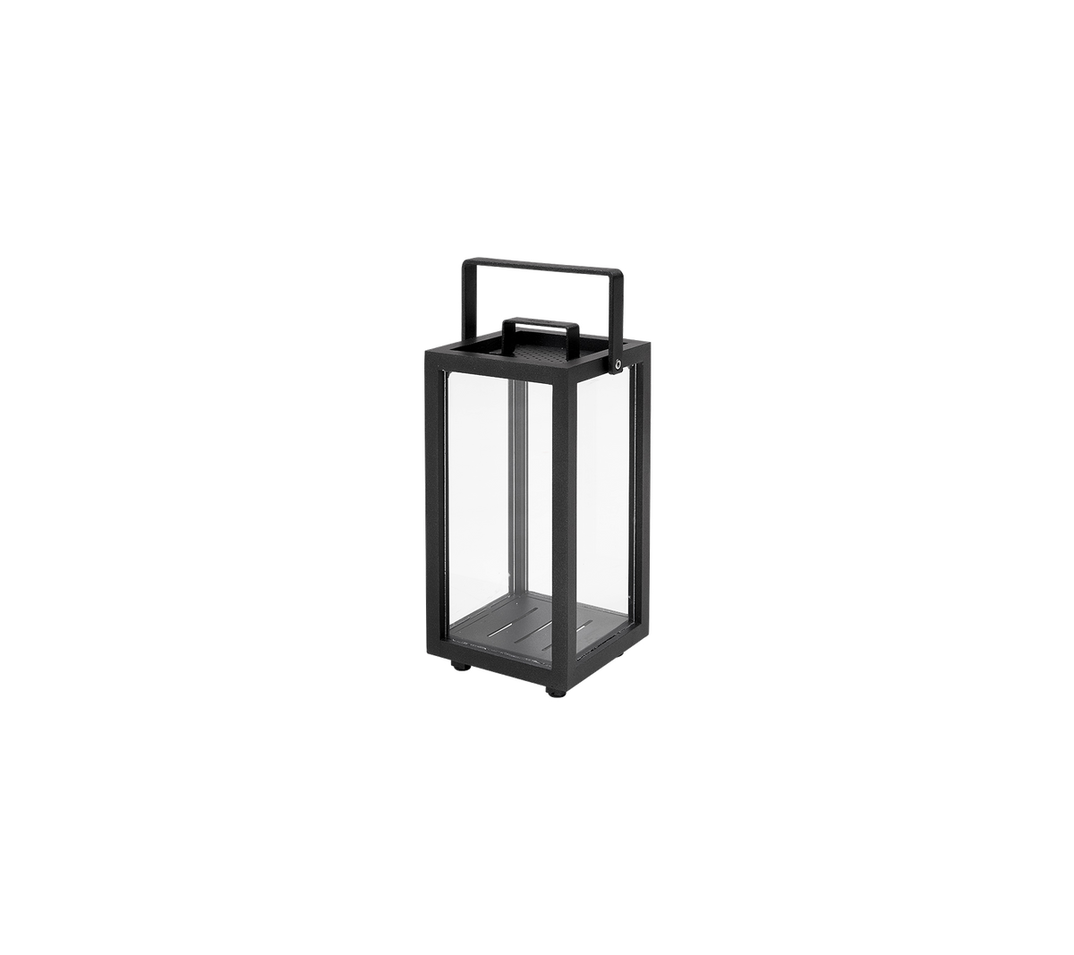 Lanterne carrée avec un cadre noir et des panneaux en verre, avec une poignée en haut pour un transport facile.