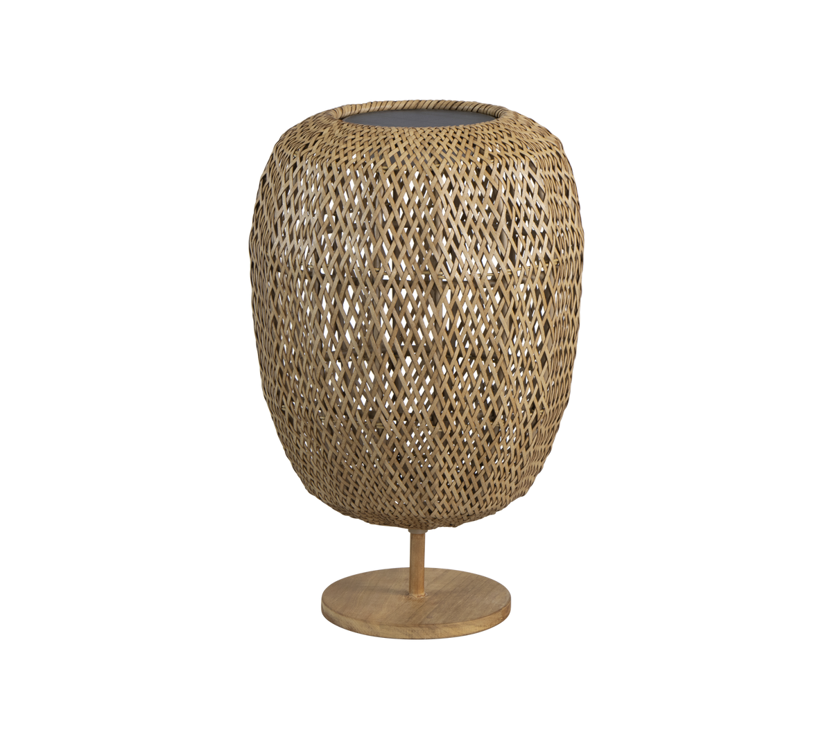 Lampe en fibres naturelles tressées avec une forme arrondie et une base robuste, ajoutant une touche élégante à toute décoration.