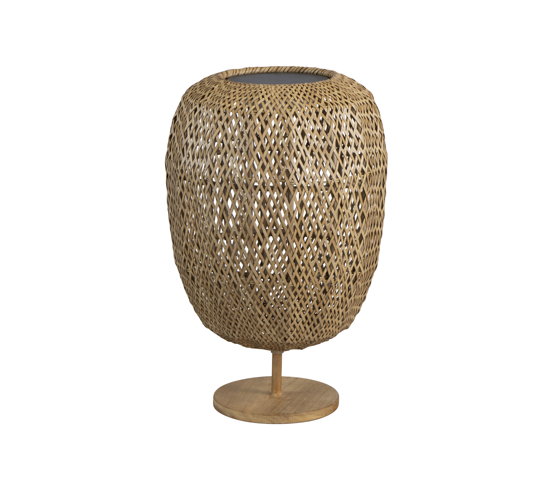 Lampe en fibres naturelles tressées avec une forme arrondie et une base robuste, ajoutant une touche élégante à toute décoration.