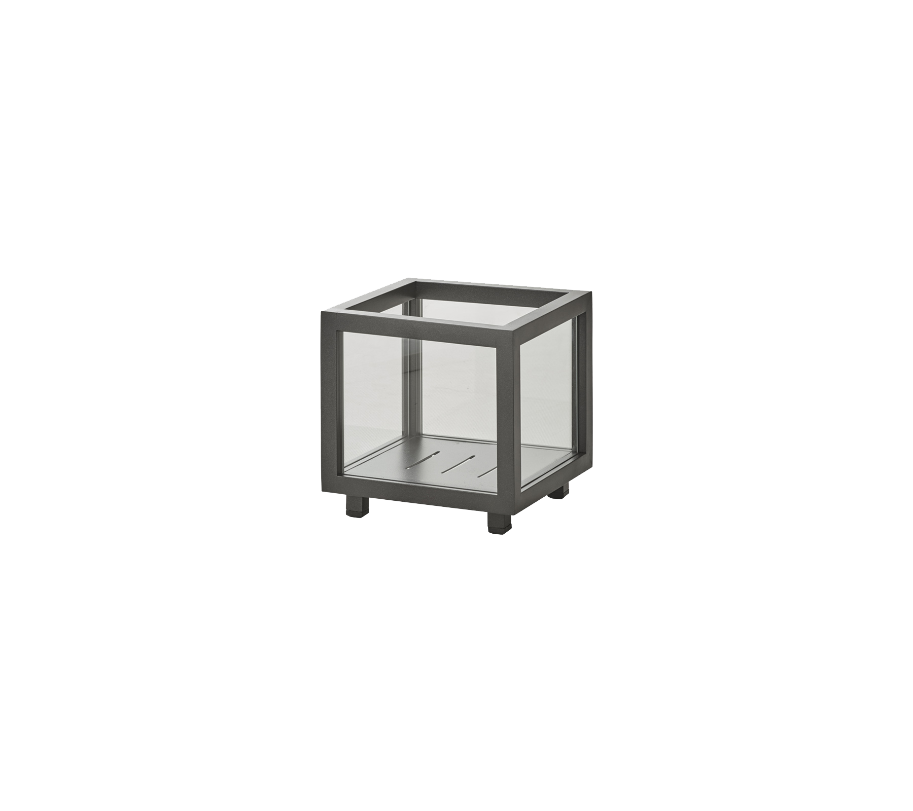 Table d'appoint carrée minimaliste avec un cadre en métal et des panneaux en verre, apportant une touche moderne à tout espace.
