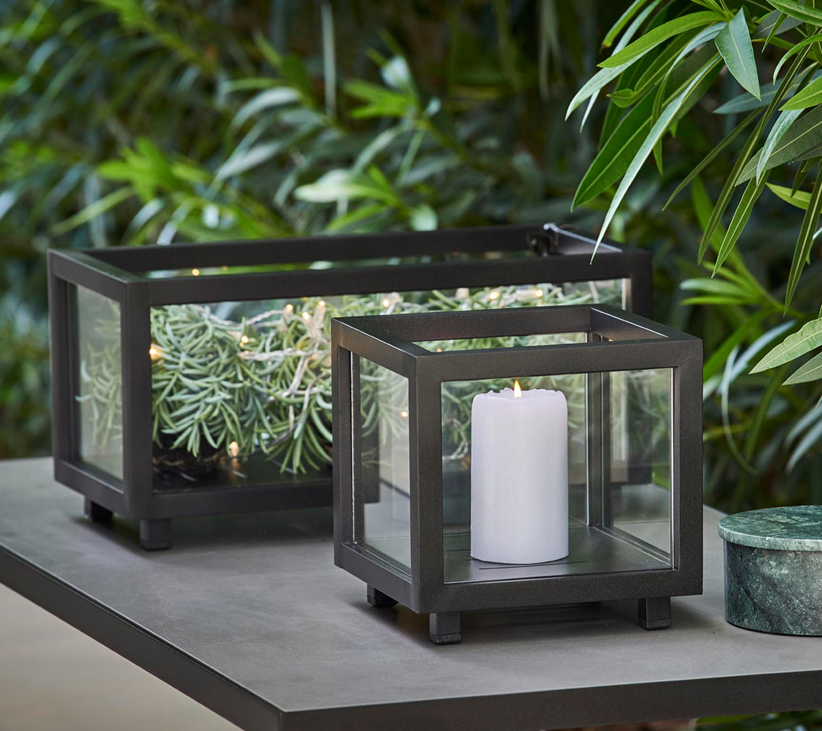 Deux lanternes élégantes avec des panneaux en verre, l'une contenant une bougie blanche et l'autre présentant de la verdure, placées sur une table au milieu du feuillage luxuriant.