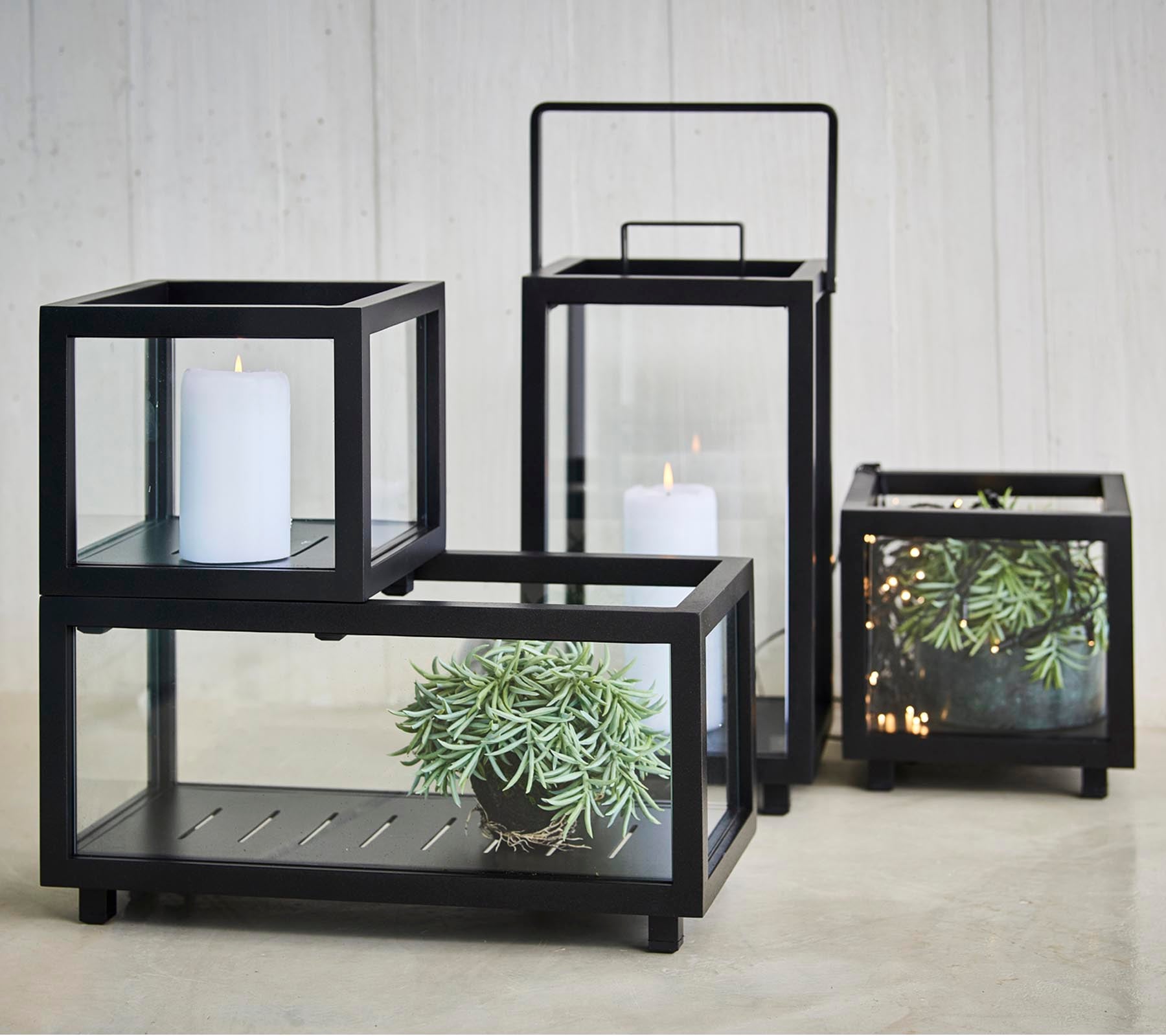 Un ensemble de bougeoirs élégants avec des cadres noirs et des panneaux en verre, présentant des plantes et des bougies de différentes tailles.