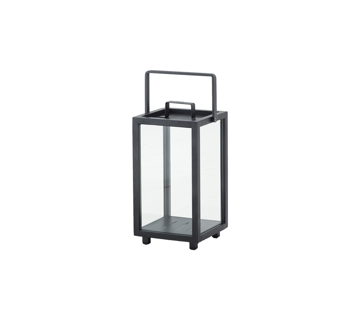 Une lanterne élégante avec un cadre noir épuré et des panneaux en verre transparent, idéale pour illuminer des espaces avec une touche moderne.