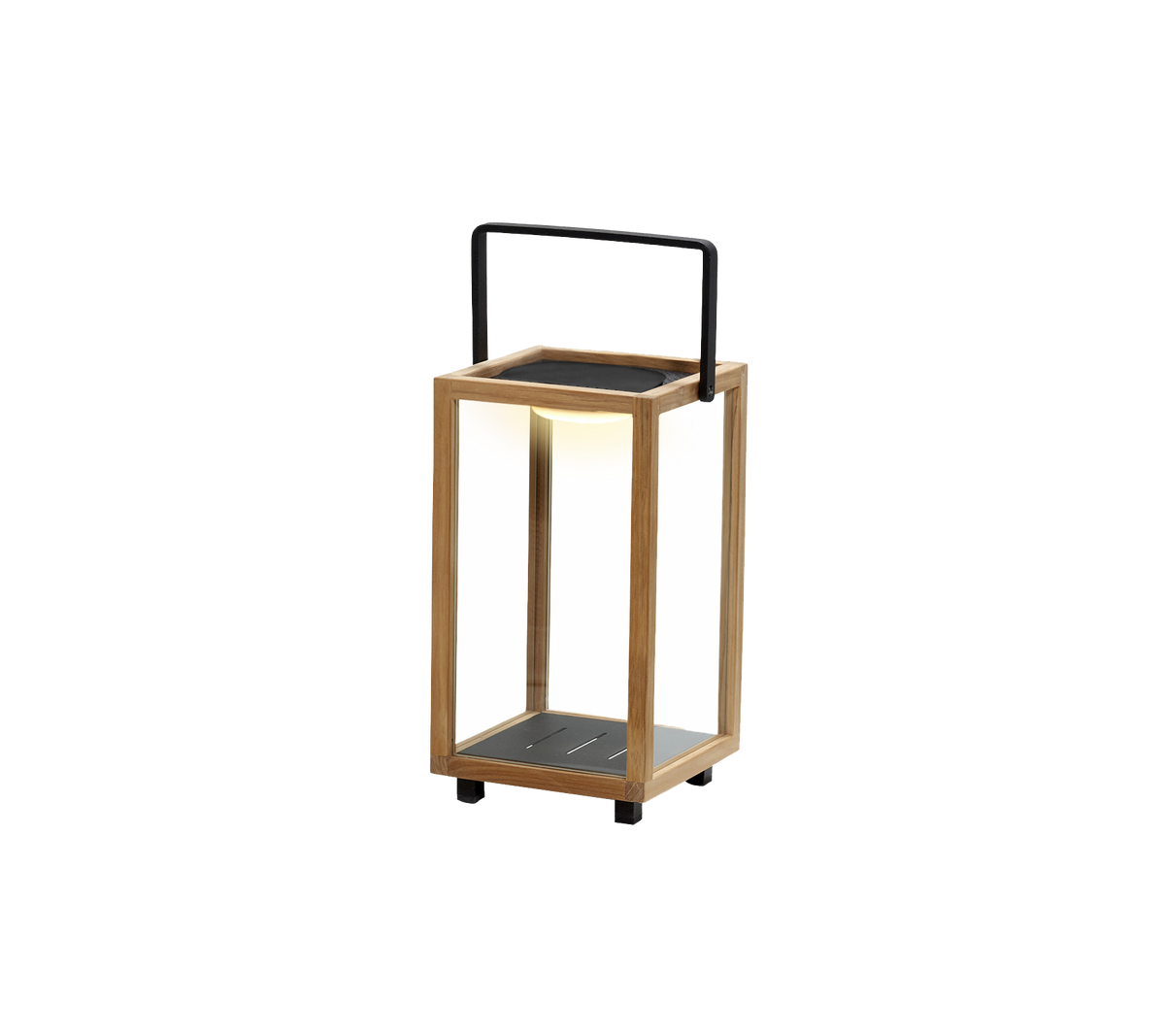 Une lanterne élégante en bois et en métal, équipée d'une lumière LED intégrée dans le design, parfaite pour ajouter une ambiance.