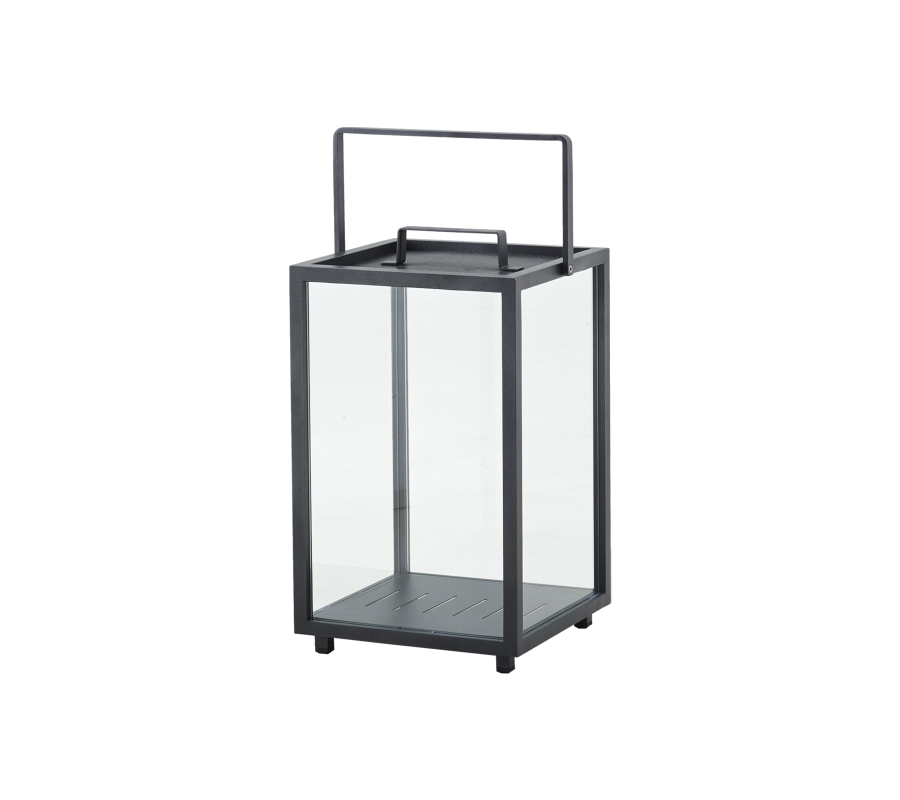 Lanterne en verre avec un cadre et une poignée en métal, avec un design épuré pour un usage décoratif ou pour l'éclairage.