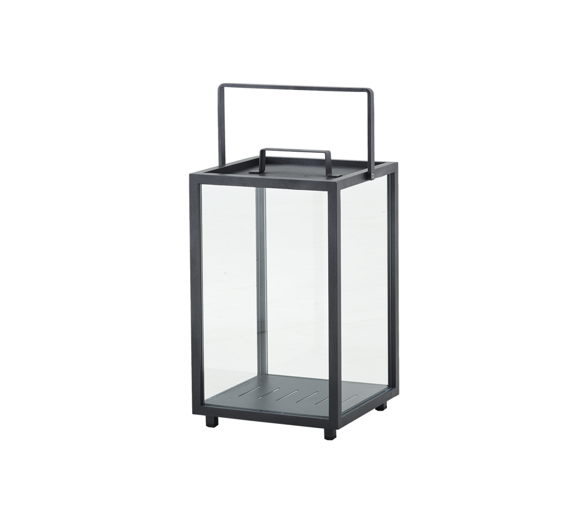 Lanterne en verre avec un cadre et une poignée en métal, avec un design épuré pour un usage décoratif ou pour l'éclairage.