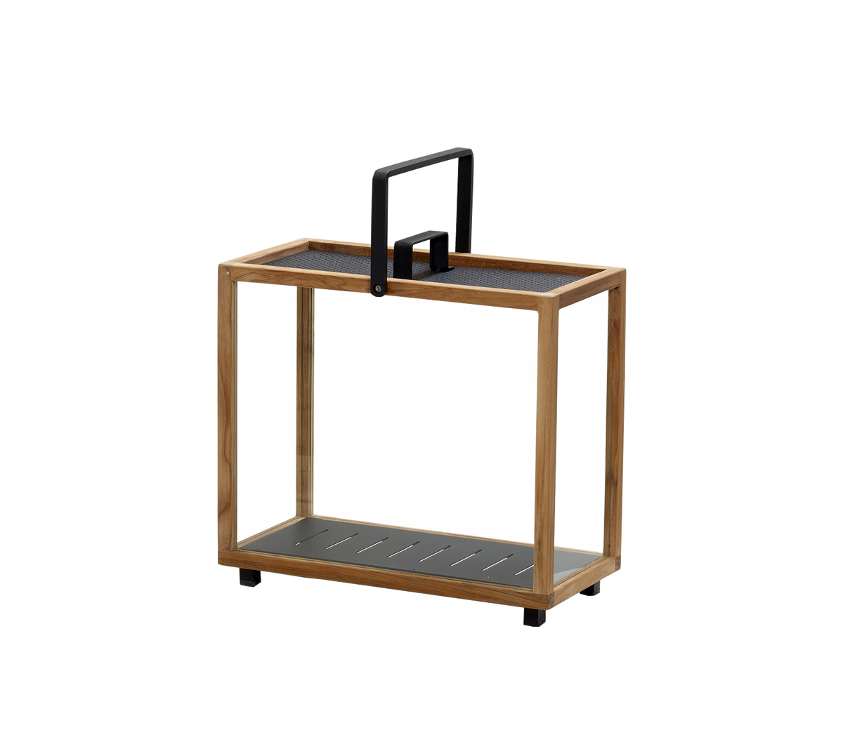 Chariot de service en bois avec une poignée noire et deux étagères, conçu pour un transport facile et un stockage polyvalent. Idéal pour organiser les objets.