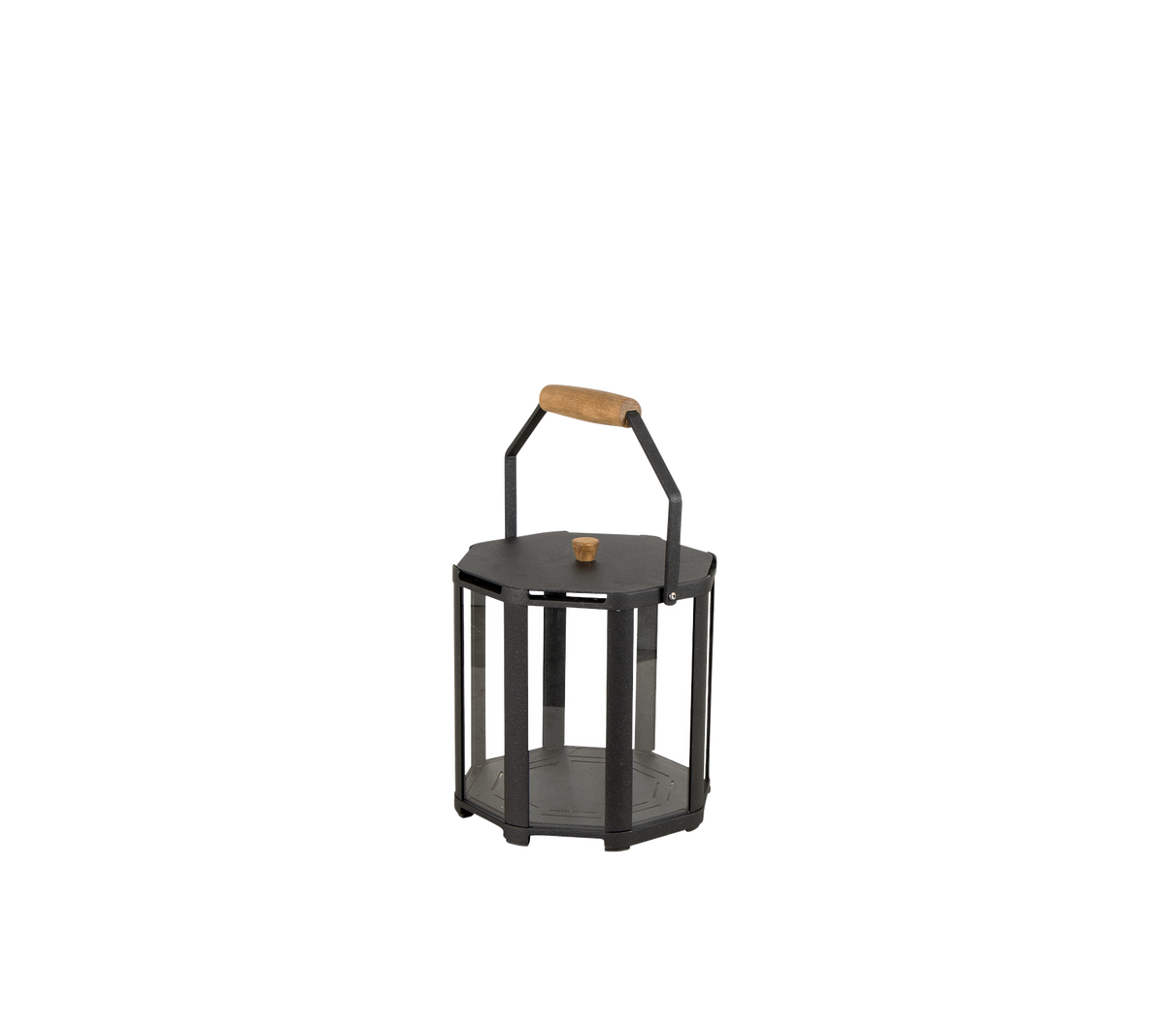 Lanterne élégante avec un cadre en métal noir et une poignée en bois, conçue pour contenir une bougie ou une source de lumière.