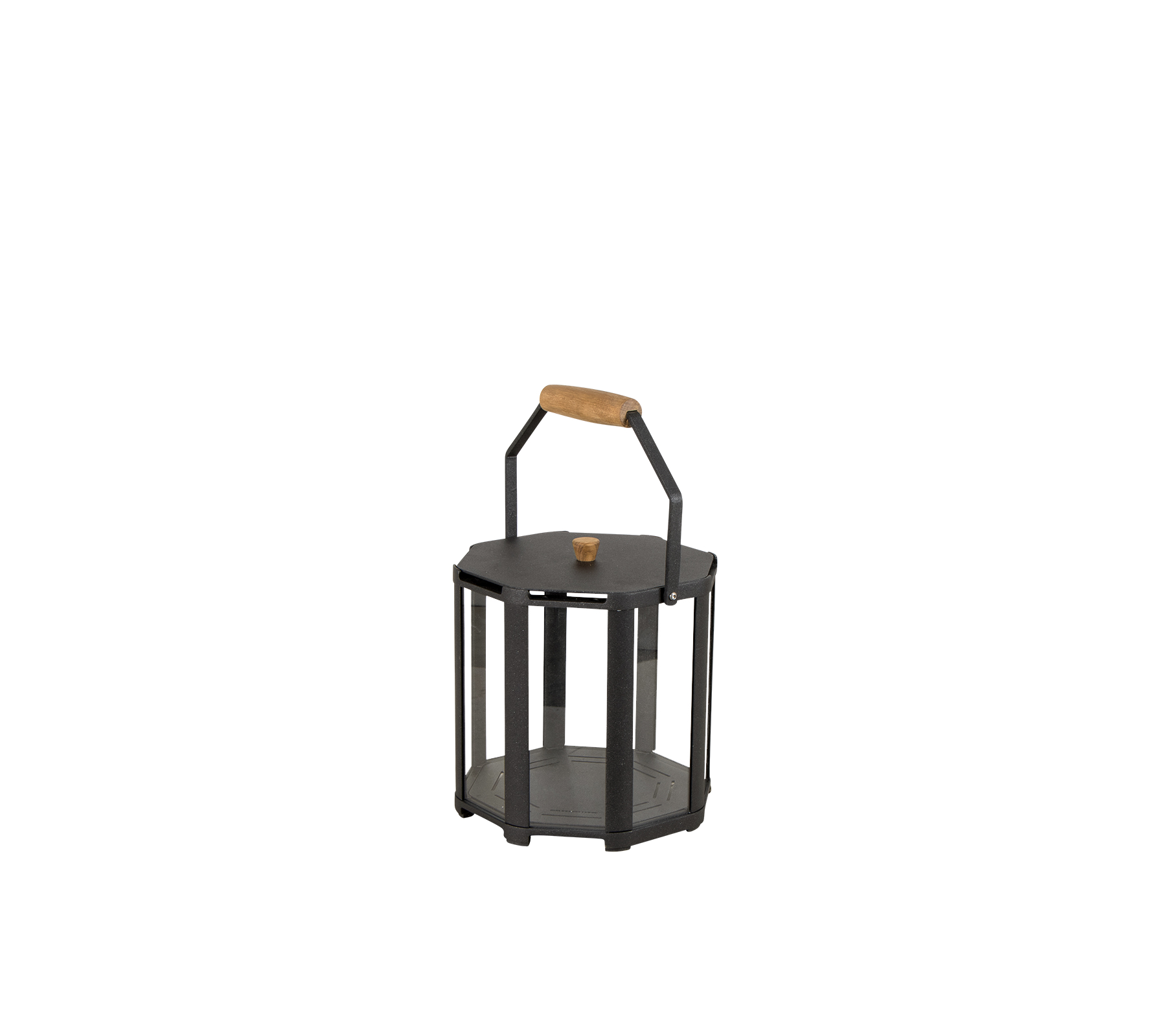 Lanterne élégante avec un cadre en métal noir et une poignée en bois, conçue pour contenir une bougie ou une source de lumière.