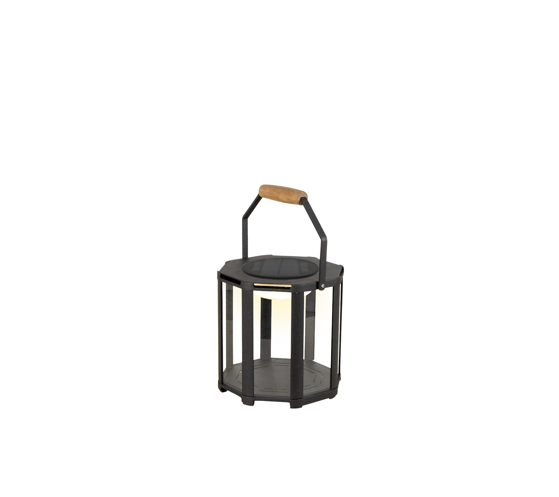Une lanterne élégante avec un cadre en métal noir et une poignée en bois, conçue avec un éclairage LED pour une touche moderne.