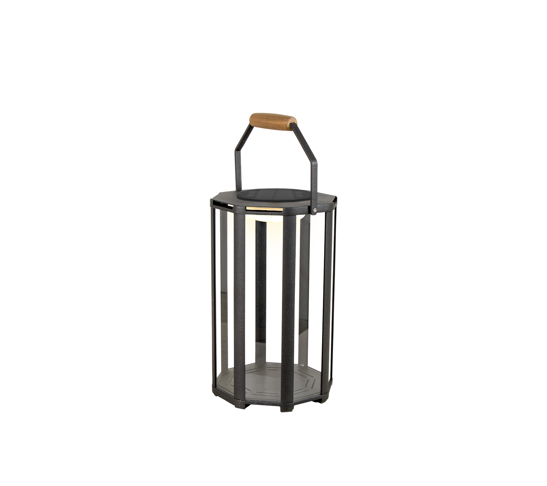Lanterne élégante avec cadre en métal et poignée en bois, dotée d'un éclairage LED pour une touche moderne.