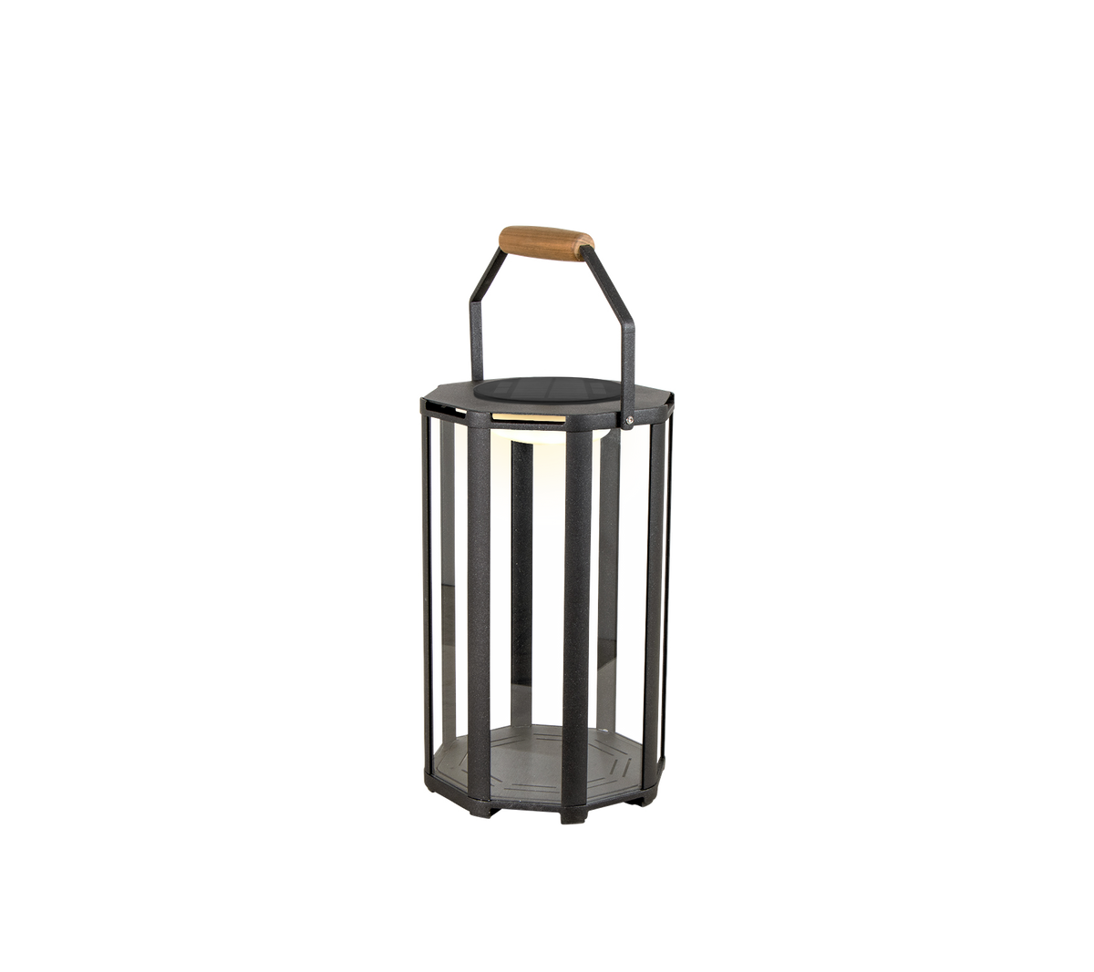 Lanterne élégante avec cadre en métal et poignée en bois, dotée d'un éclairage LED pour une touche moderne.
