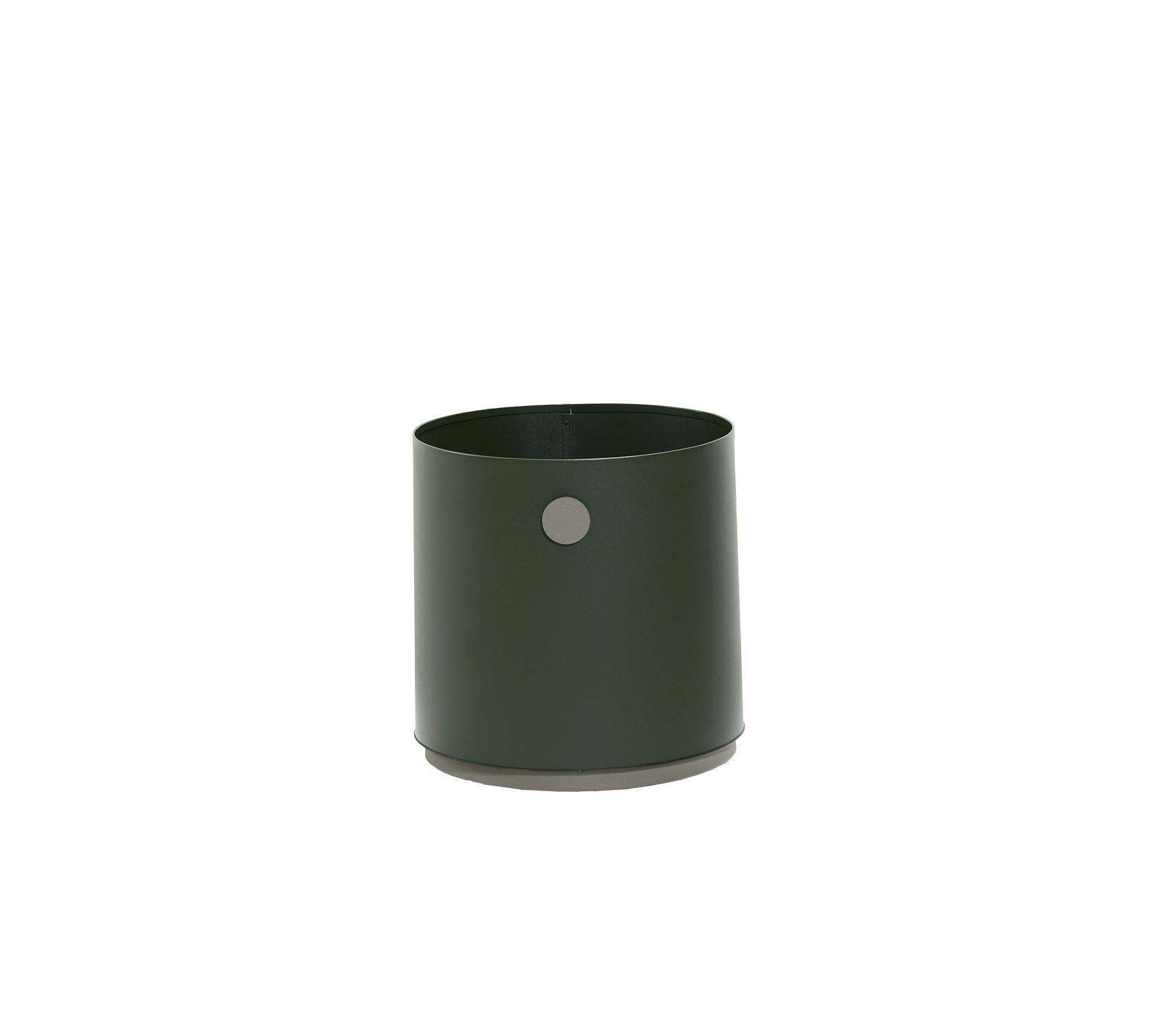 Conteneur en métal vert avec une finition lisse et un petit trou circulaire sur le côté, adapté à diverses utilisations.