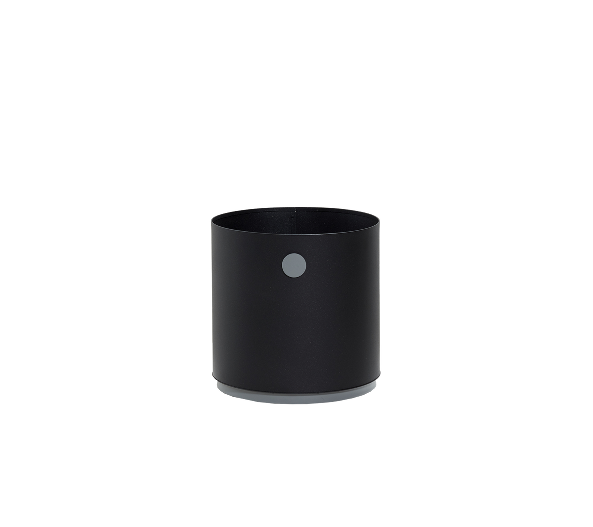 Conteneur cylindrique noir avec une finition lisse et un petit détail circulaire sur le côté, parfait pour divers besoins de rangement.