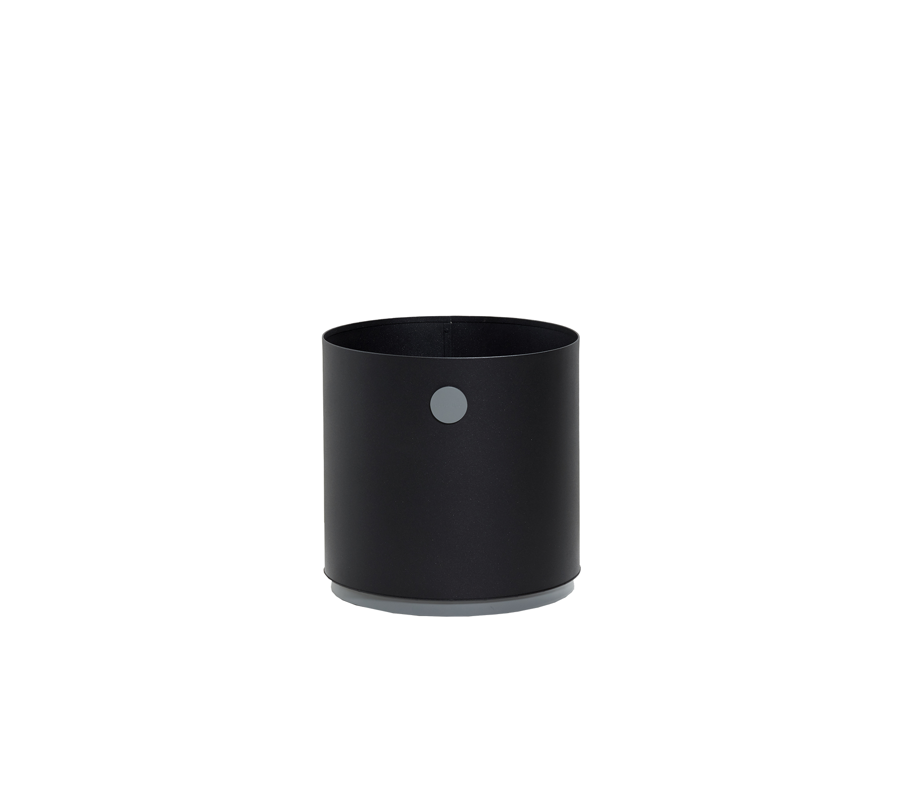 Conteneur cylindrique noir avec une finition lisse et un petit détail circulaire sur le côté, parfait pour divers besoins de rangement.