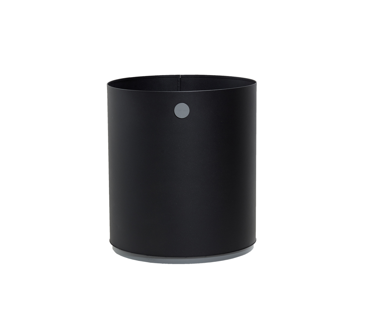 Conteneur cylindrique noir avec une finition mate lisse et un petit détail circulaire sur le côté, idéal pour divers besoins de stockage.