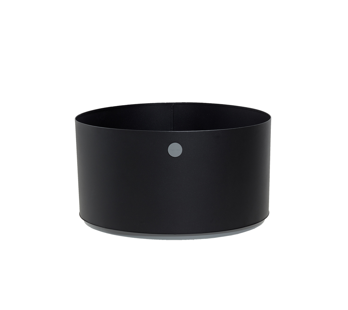 Conteneur noir rond avec un design minimaliste et un petit point gris en accent. Parfait pour des besoins de rangement et d'organisation polyvalents.
