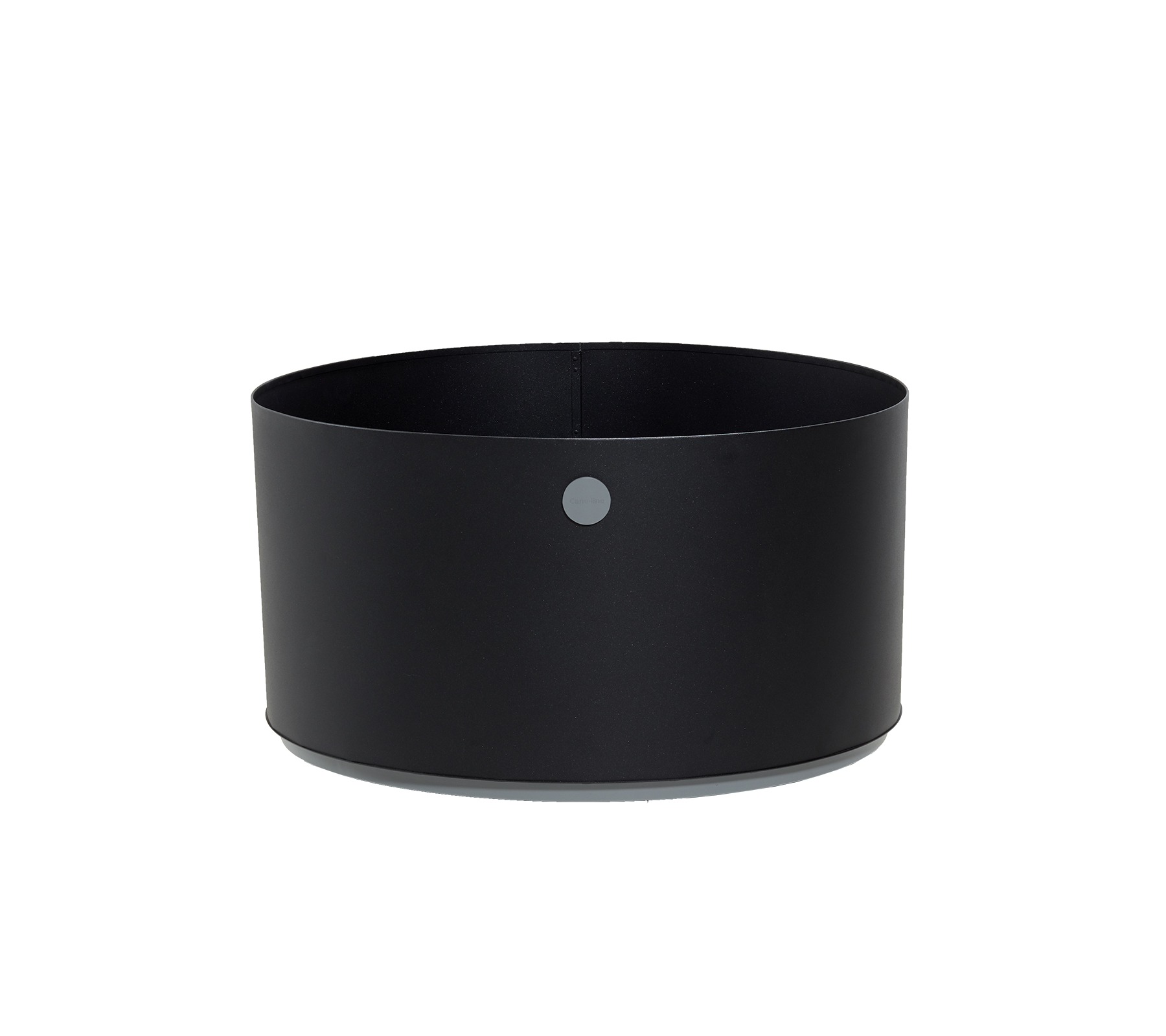 Conteneur noir rond avec un design minimaliste et un petit point gris en accent. Parfait pour des besoins de rangement et d'organisation polyvalents.