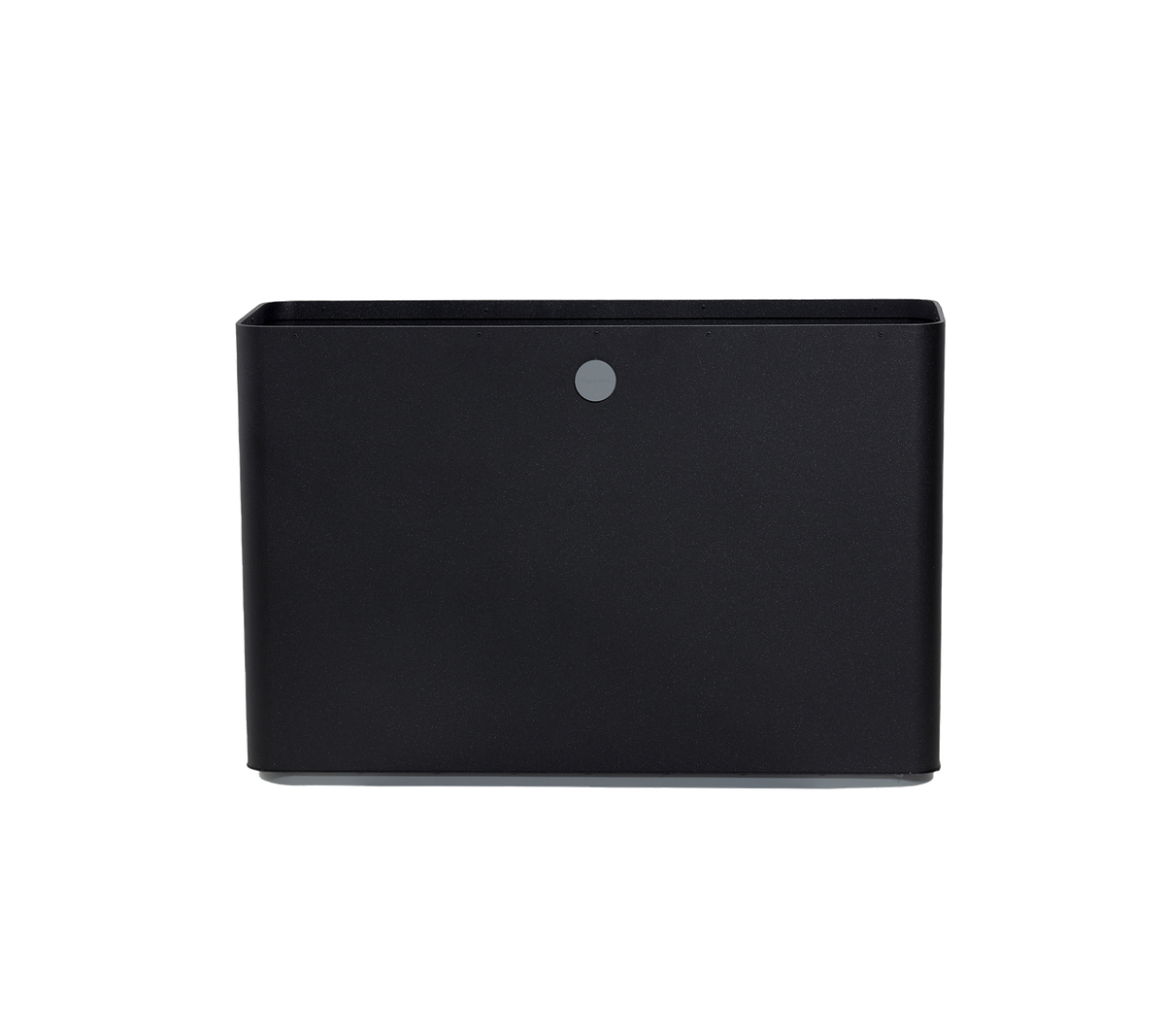 Boîte de rangement noire au design épuré et un petit bouton rond à l'avant. Idéale pour organiser efficacement des objets.