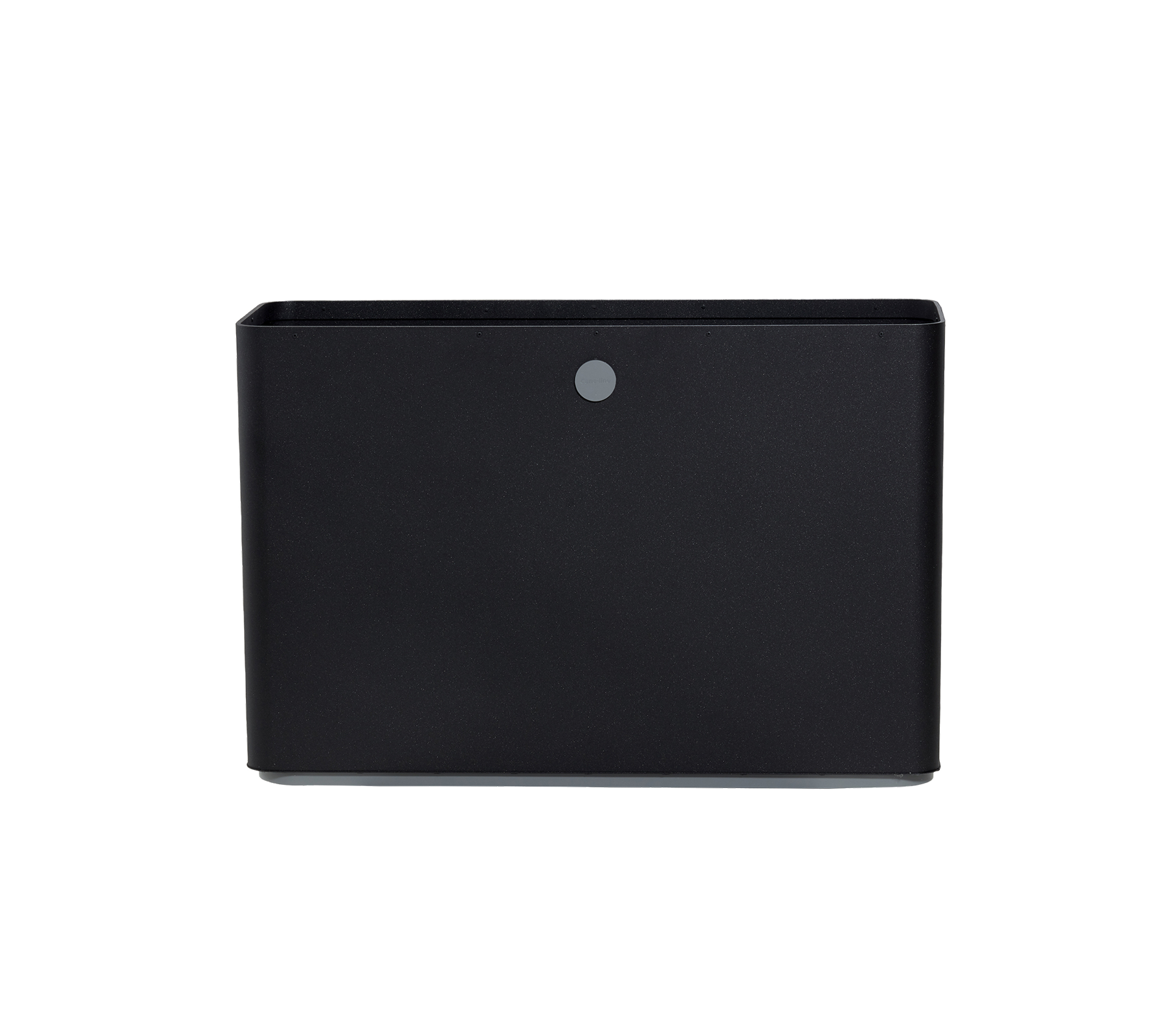 Boîte de rangement noire au design épuré et un petit bouton rond à l'avant. Idéale pour organiser efficacement des objets.