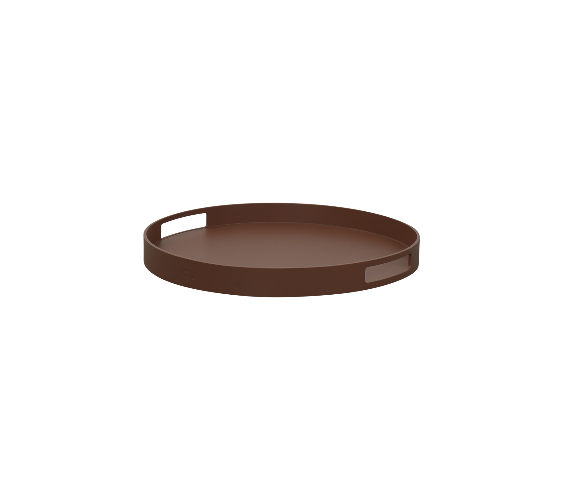 Plateau rond brun avec une surface lisse et une petite indentation pour une manipulation facile. Idéal pour servir ou organiser des objets.