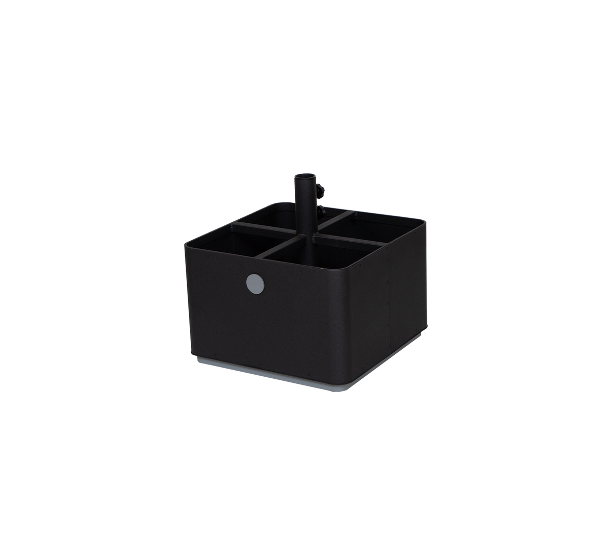 Organisateur de rangement noir avec plusieurs compartiments et un séparateur central pour divers articles de bureau ou de maison.