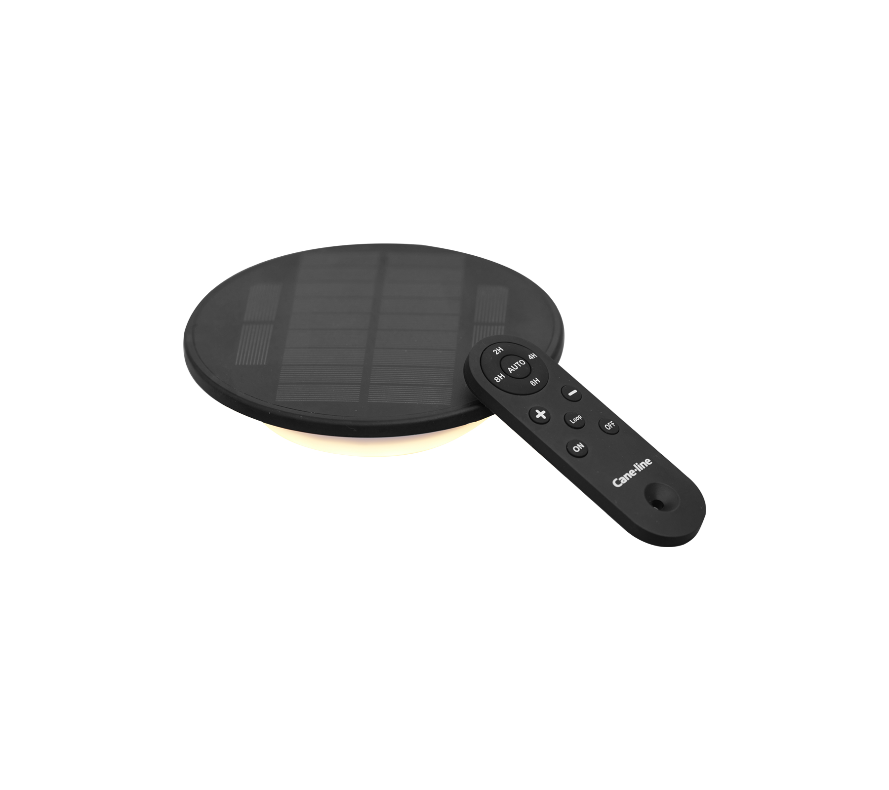 Lampe solaire LED noire de forme ronde avec une télécommande pour des paramètres ajustables.