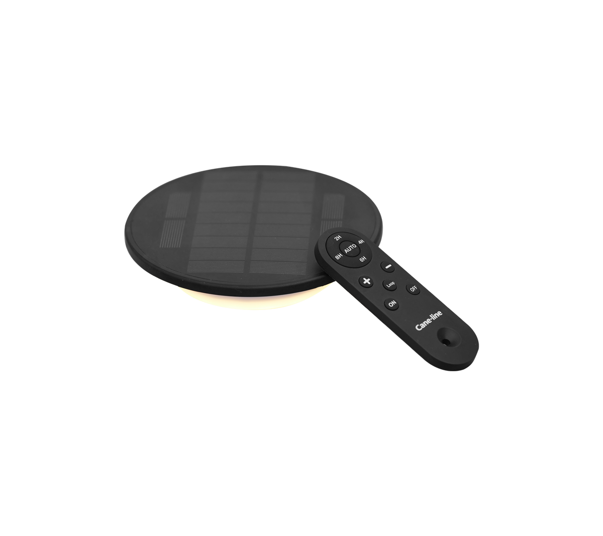 Lampe solaire LED noire de forme ronde avec une télécommande pour des paramètres ajustables.