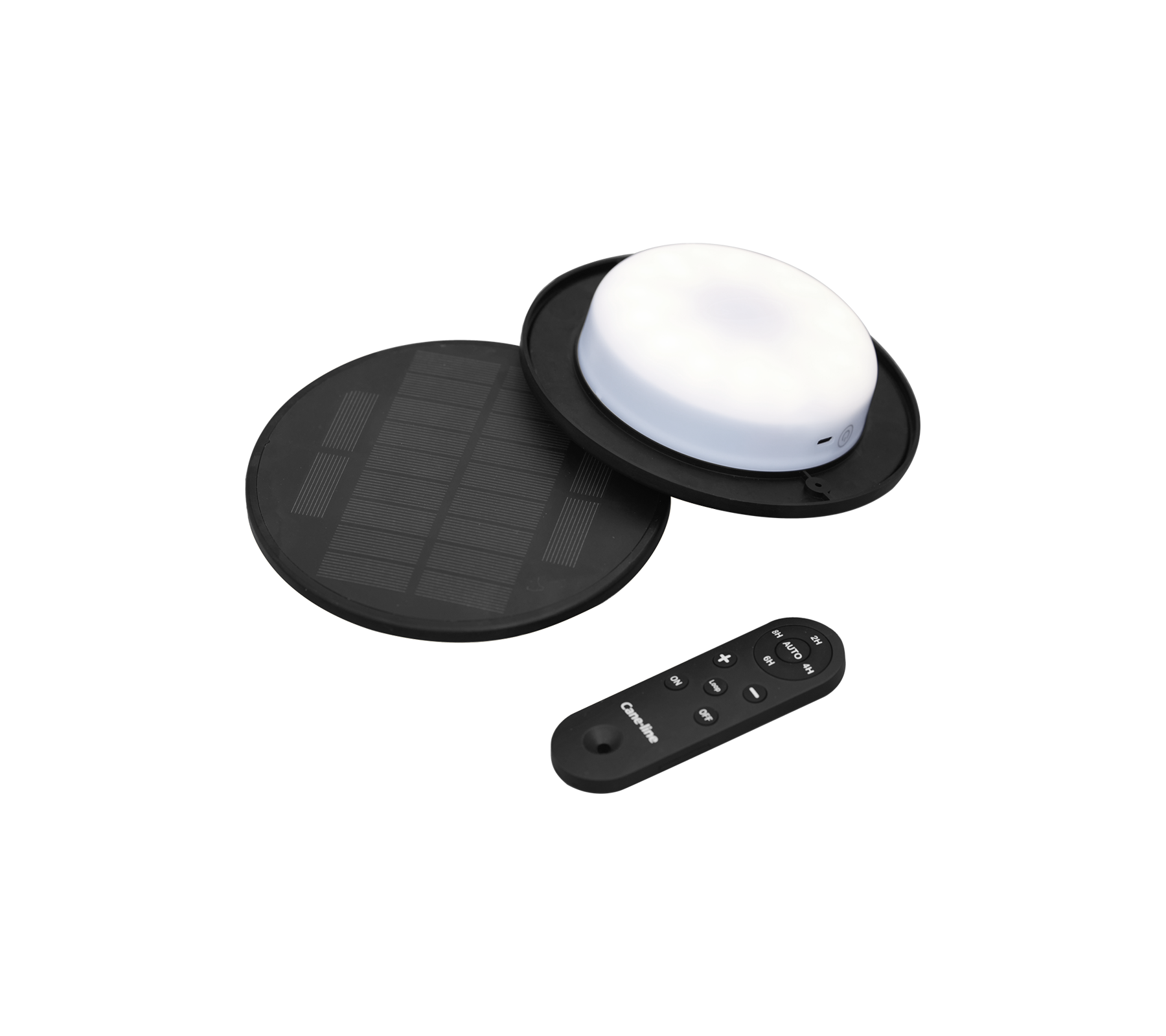 Lampe LED solaire avec un lampadaire blanc rond, un panneau solaire noir et une télécommande pour son fonctionnement.