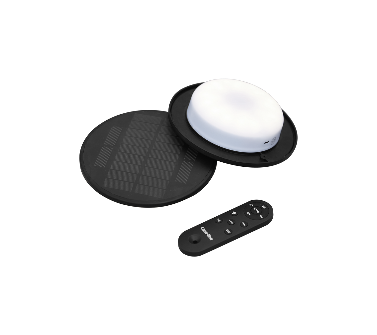 Lampe LED solaire avec un lampadaire blanc rond, un panneau solaire noir et une télécommande pour son fonctionnement.