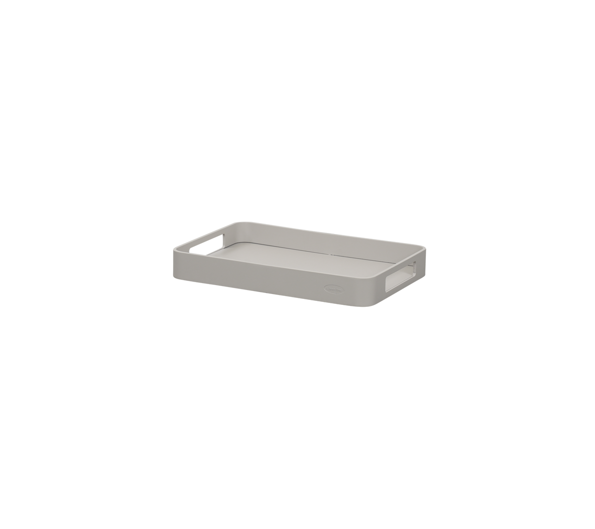 Plateau rectangulaire gris avec bords relevés et poignées, conçu pour tenir et organiser des objets.