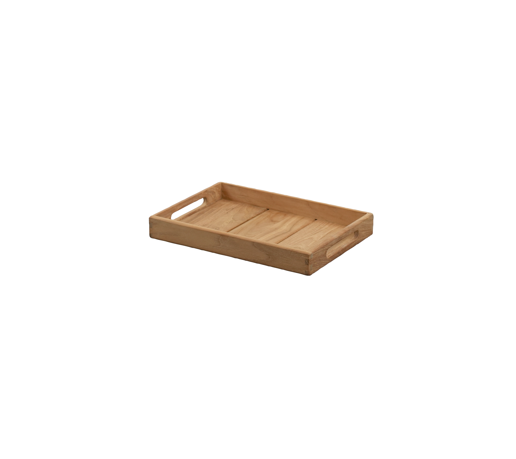 Plateau rectangulaire en teck avec des côtés à poignées.