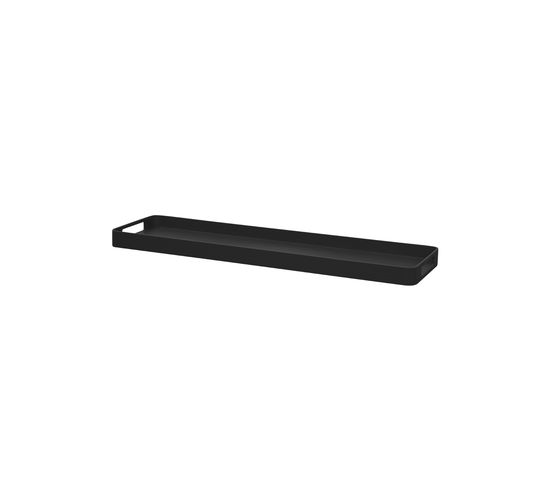 Plateau rectangulaire noir avec bords peu profonds, idéal pour organiser des objets ou servir.