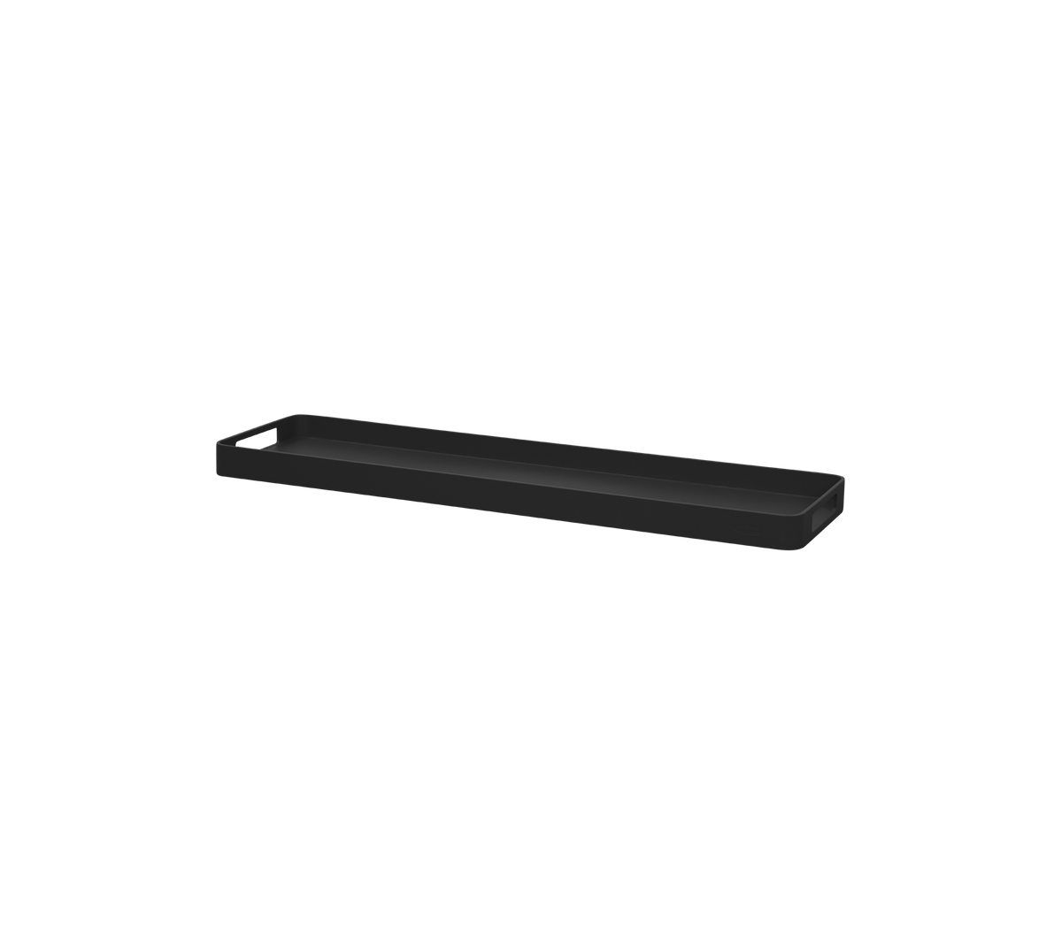 Plateau rectangulaire noir avec bords peu profonds, idéal pour organiser des objets ou servir.