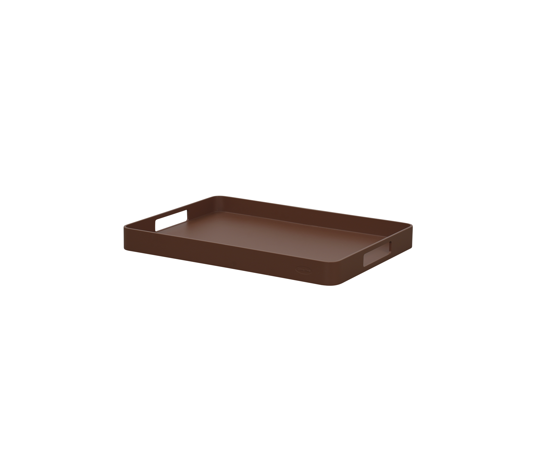 Plateau de service brun avec bords surélevés et poignées pour un transport facile. Adapté pour organiser des objets ou servir des aliments et des boissons.