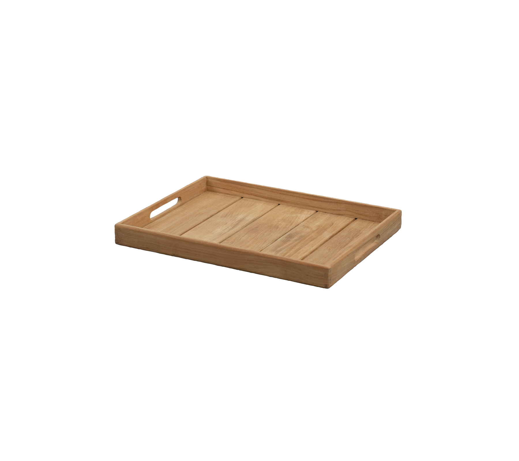 Plateau en teck avec des poignées découpées et un design simple.