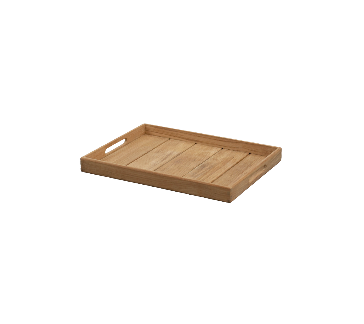 Plateau en teck avec des poignées découpées et un design simple.
