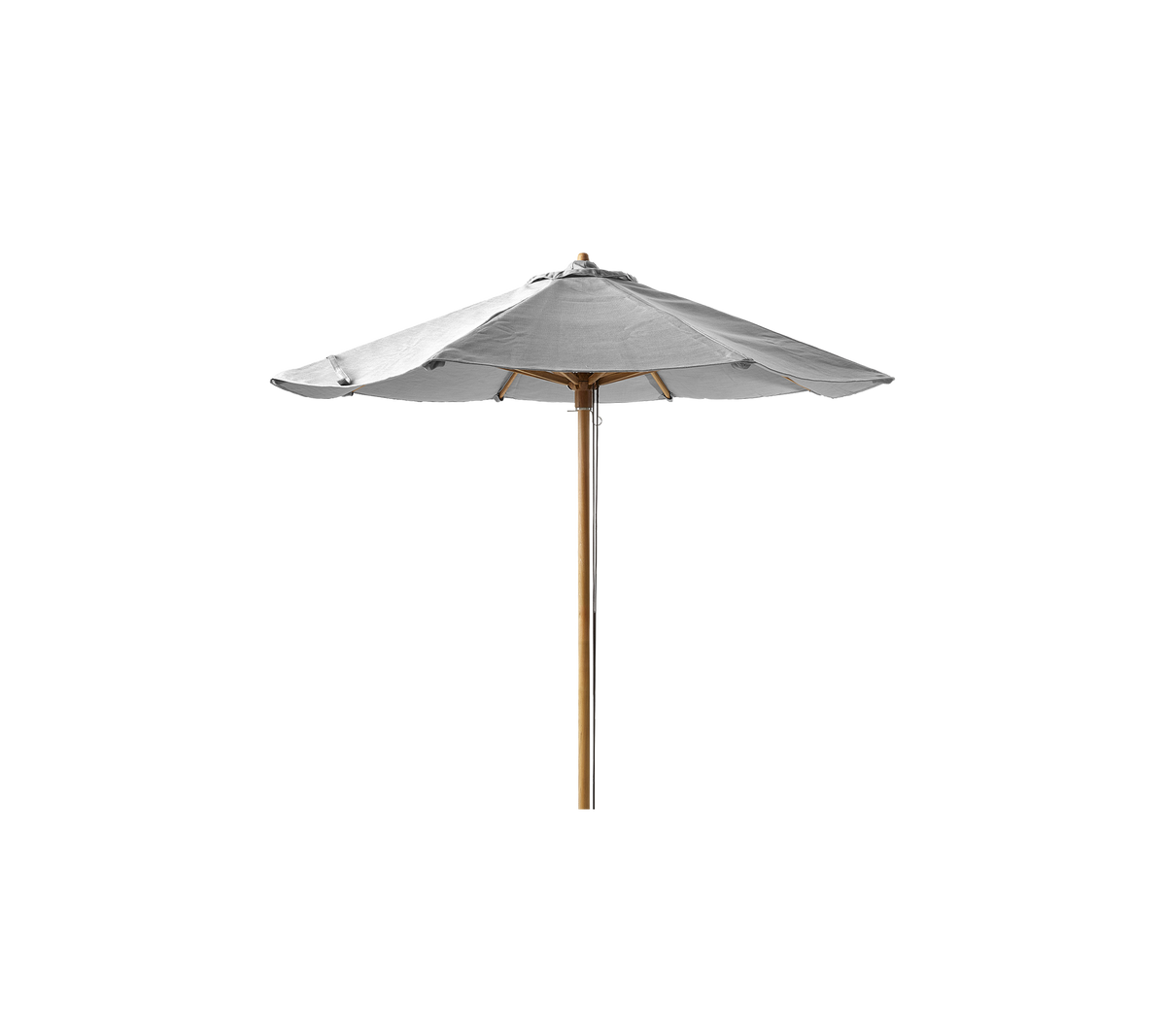 Un parapluie élégant et blanc avec un mât en bois, conçu pour offrir de l'ombre et améliorer les espaces extérieurs.