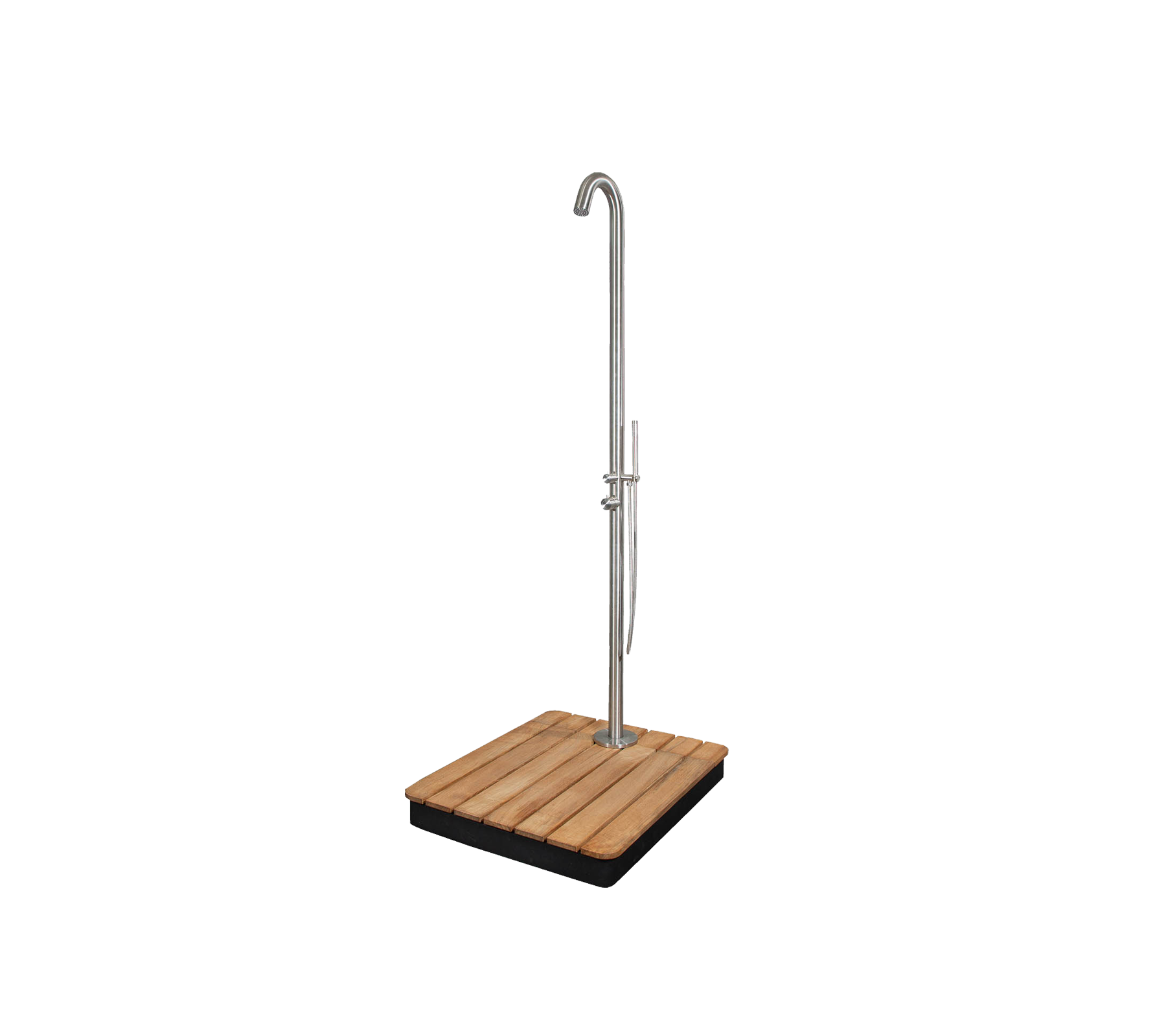 Douche extérieure élégante au design épuré, avec une base robuste et une douche haute et courbée pour un look élégant.